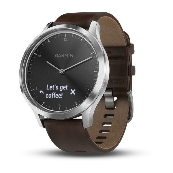 Часы Garmin (Гармин) VIVOMOVE HR серебряные с темно - коричневым кожаным ремешком