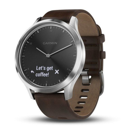 Часы Garmin (Гармин) VIVOMOVE HR серебряные с темно - коричневым кожаным ремешком